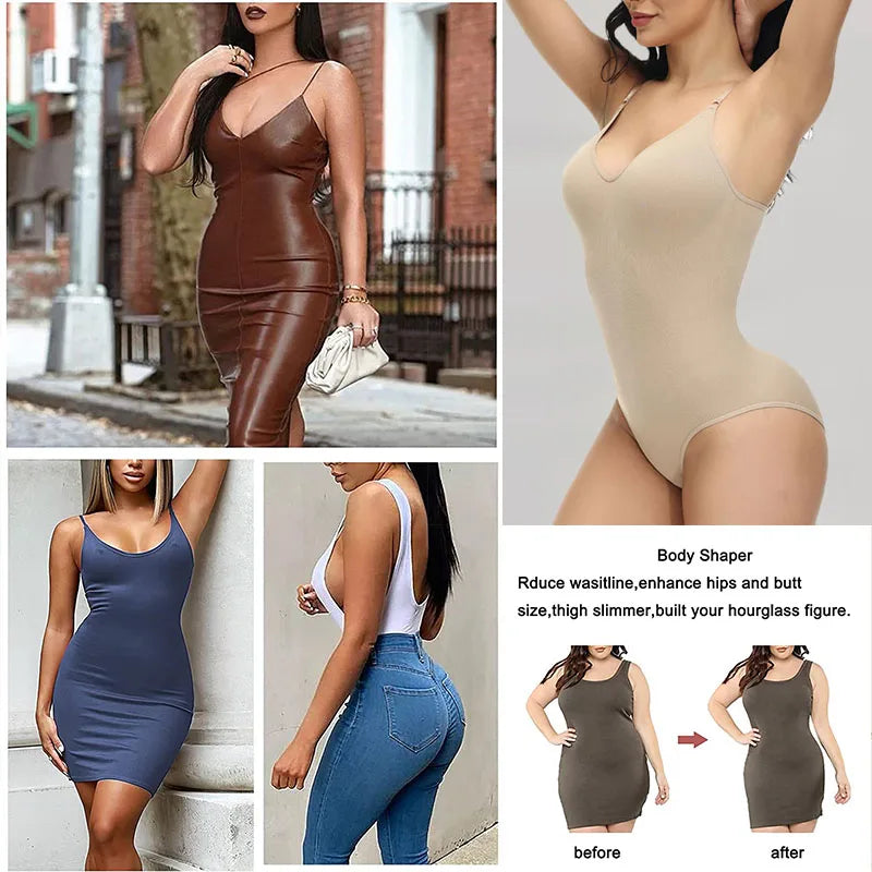 V Neck Spaghetti Strap Compression Bodysuit Shapewear